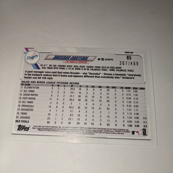 2021 Topps Series 1 GREEN Sparkle SP  BRUSDAR GRAT - Picture 3 of 5